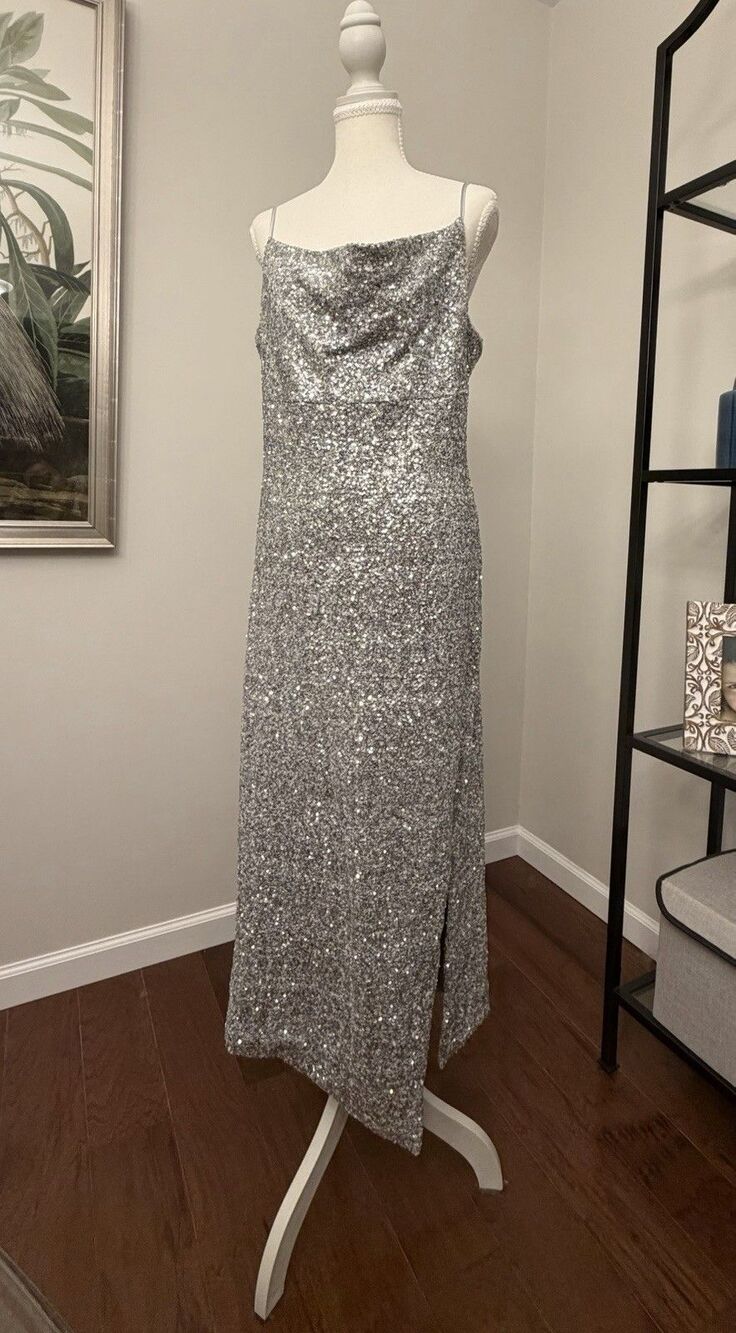 Greylin Silver Sequin Midi Dress Formal Cocktail Wedding Party - Picture 5 of 7